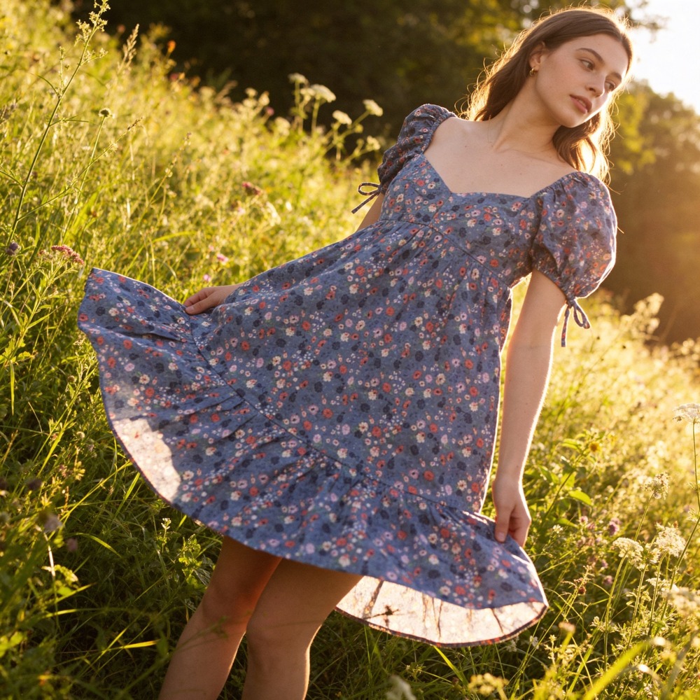 The Impeccable Pig Olivaceous Blue Floral Puff Sleeve Mini Dress Large 21